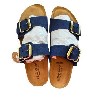 NWB Bio Gold Italian Navy Double Buckle Sandals Size 8 (39)